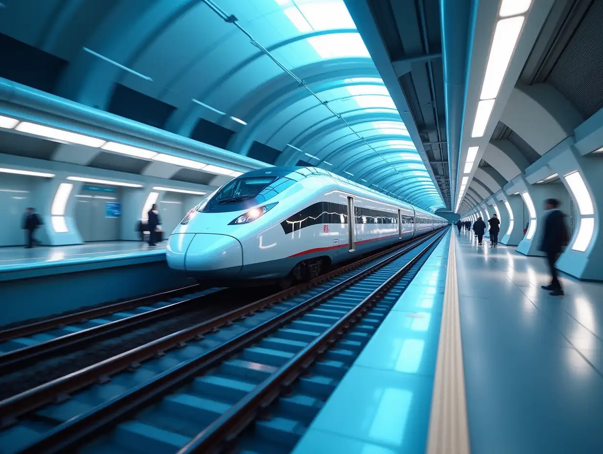 A high-speed train approaches a clean, futuristic station characterized by sleek architectural lines and bright, glowing accents, creating a dynamic travel atmosphere