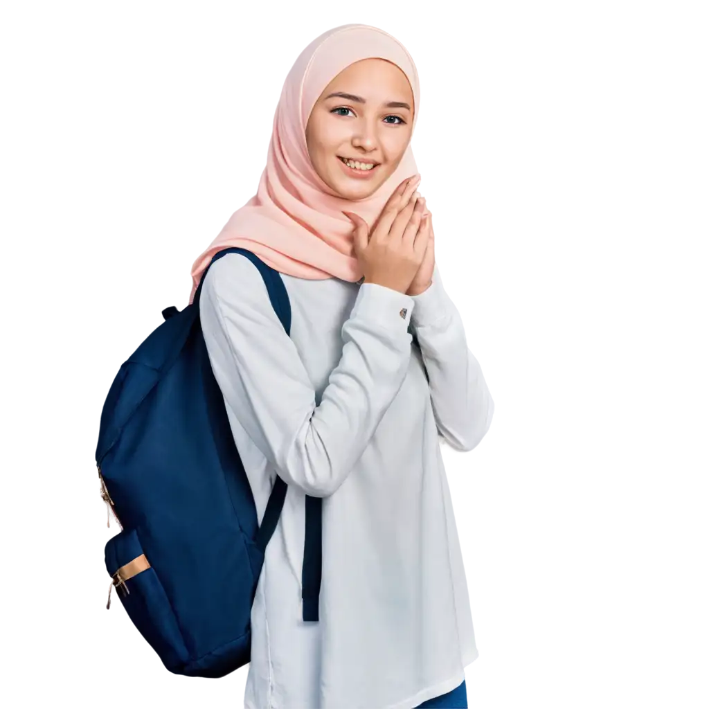 a girl wearing hijab high school girl student with school backpack, wearing white clothes and white hijab, with exciting facial