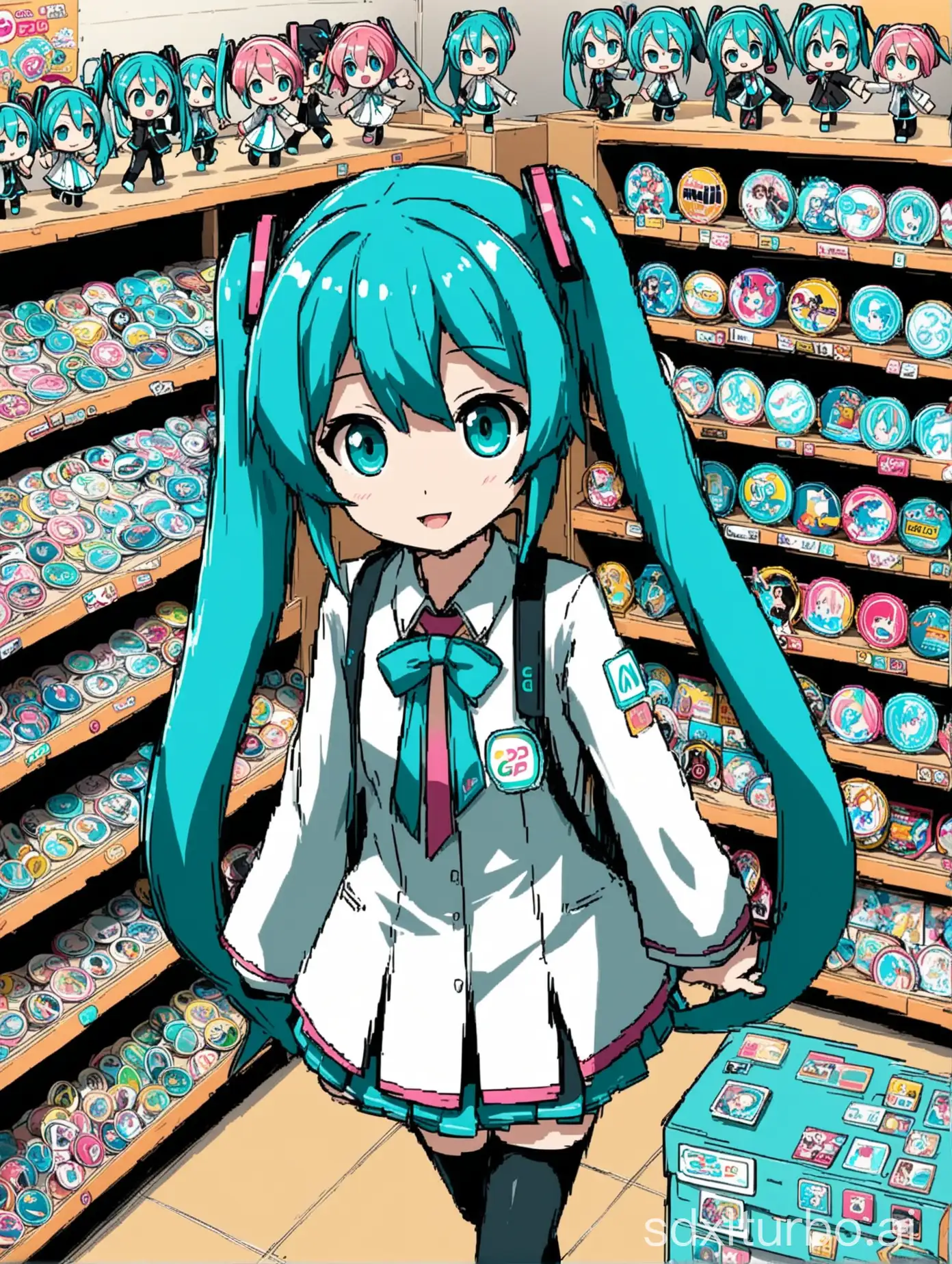 Hatsune Miku is walking into a 2D G store that sells badges, cardboards, and figurines