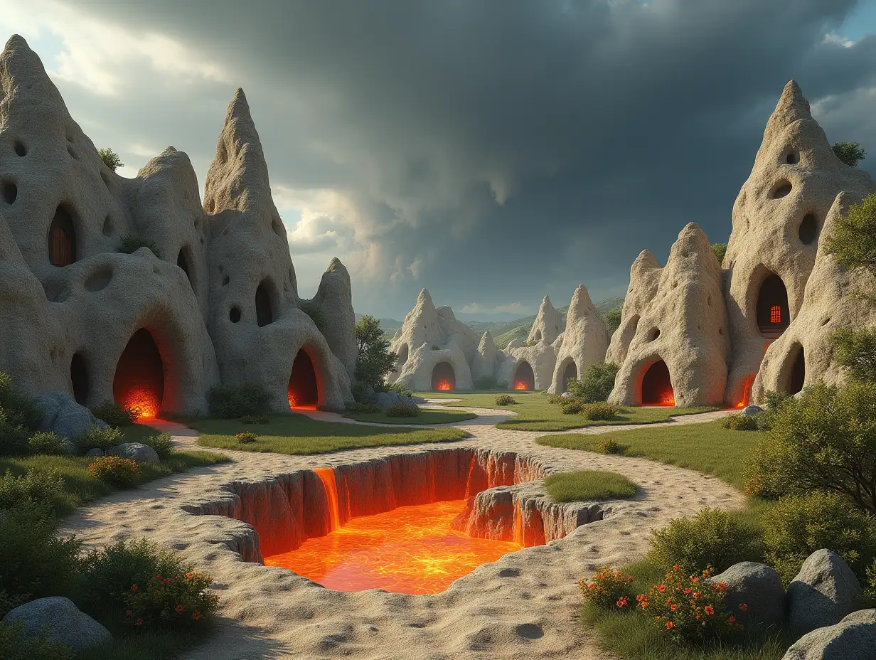 Create a hyperrealistic landscape with extremely realistic limestone rock formations with areas covered in green grass, high resolution and high-quality details, using doors and windows in every house that look like ultra-realistic cave houses in Cappadocia style. The ground should be a realistic mixture of sand and sand with scattered bushes full of extremely realistic flowers. On the ground there should be a large, wide and deep crack from which a large mass of boiling magma is released. In the distance approaches a large storm made up of dark and dense, hyperrealistic clouds and high-resolution details.