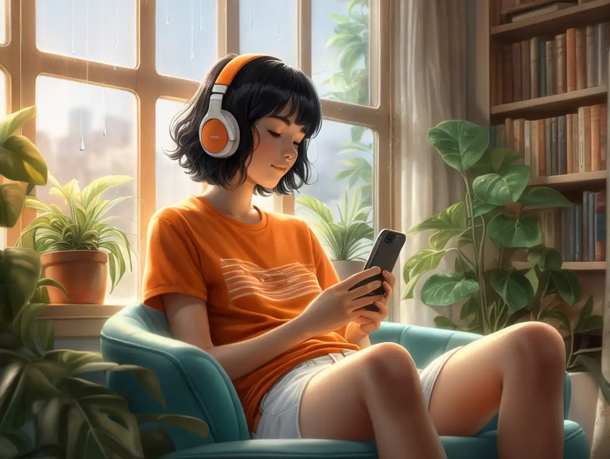 Young-Woman-Relaxing-with-Headphones-in-Cozy-Indoor-Setting-on-Rainy-Evening