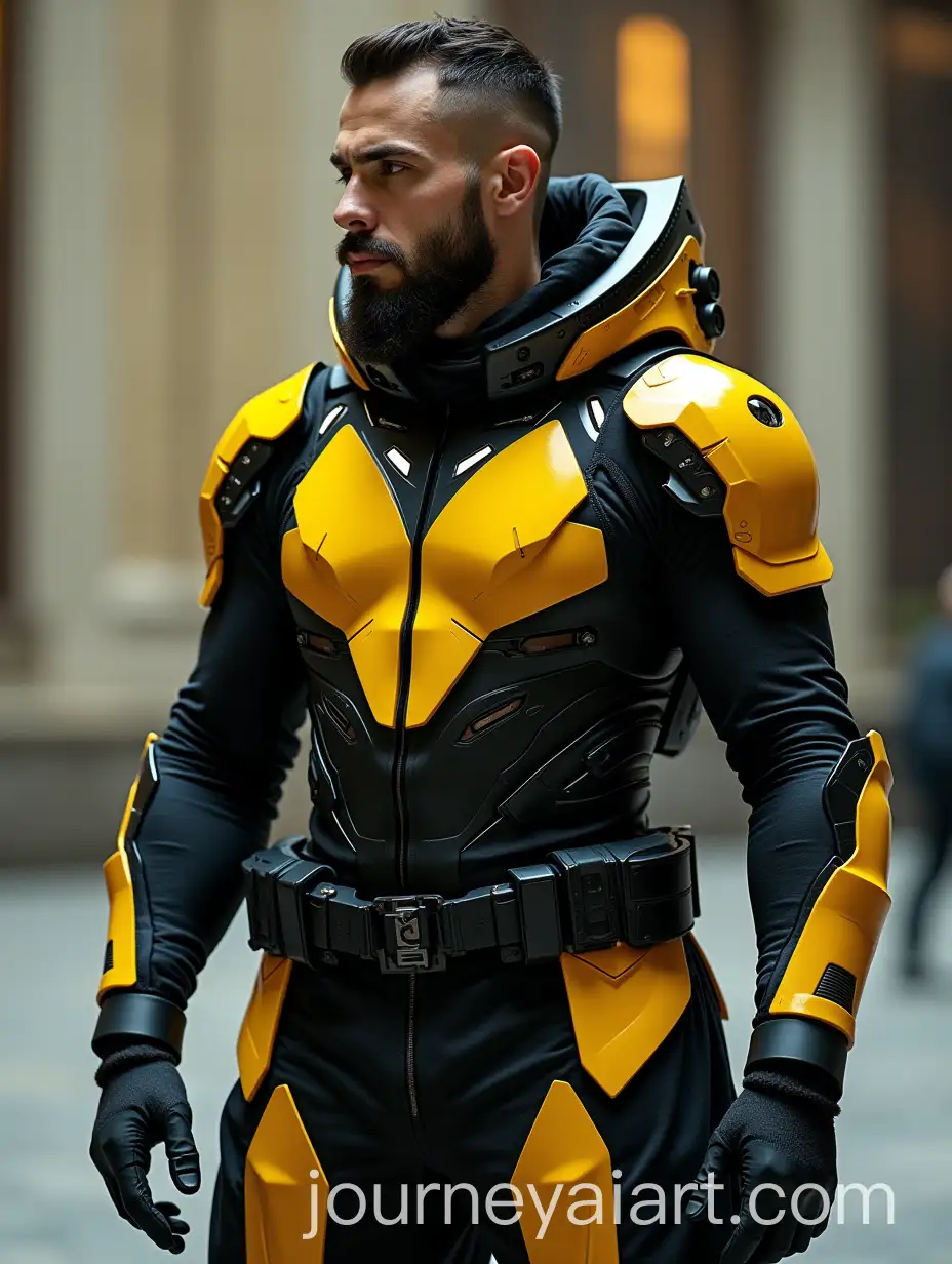 Futuristic-Man-in-Bold-Black-and-Yellow-Outfit-with-Symmetrical-Patterns