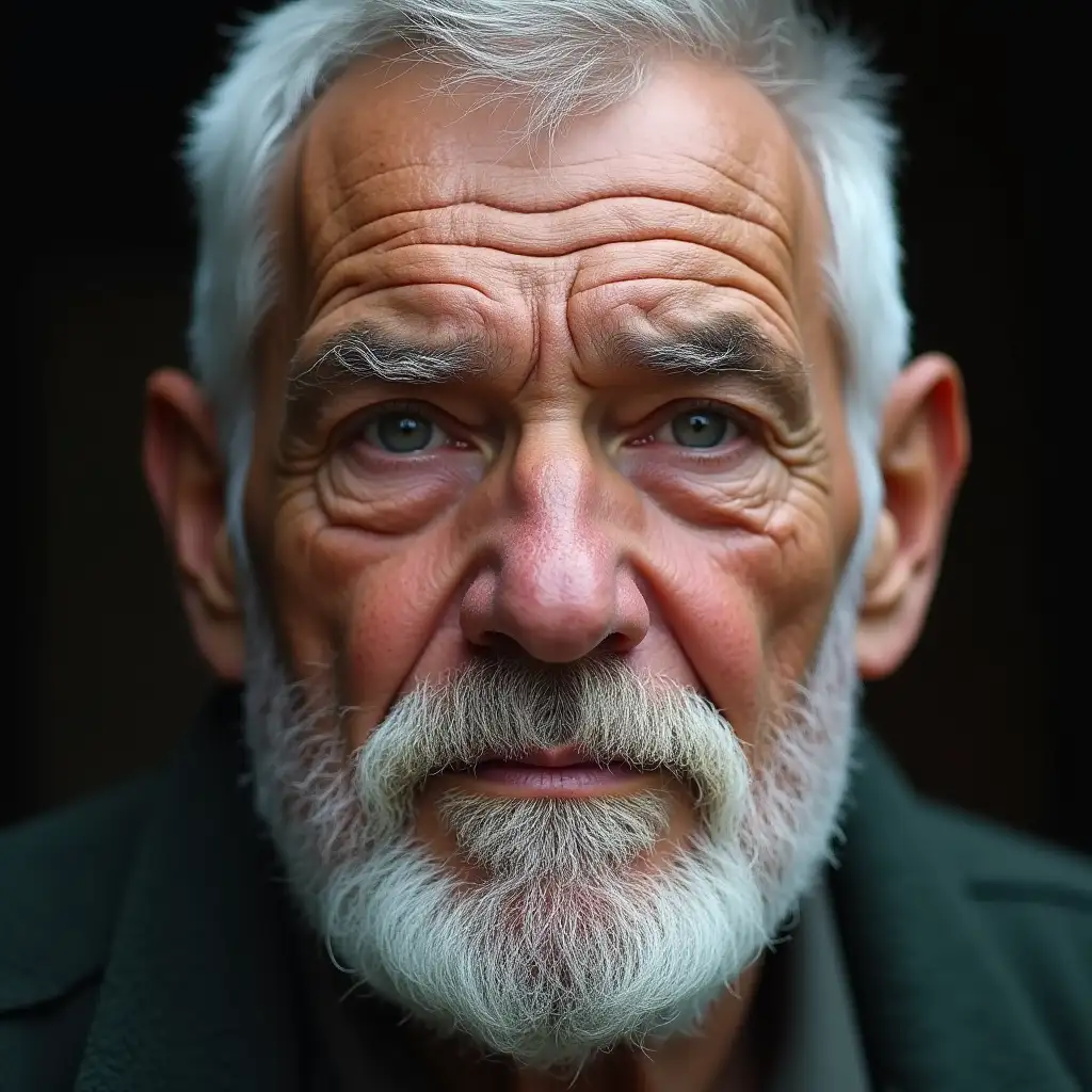 close-up face of an old man of 60 years old. massive bones, very developed facial muscles. short soldier's hairstyle. hair white from grey. skin flabby with fine wrinkles. beard and moustache are absent. face in front. looking directly at the viewer.