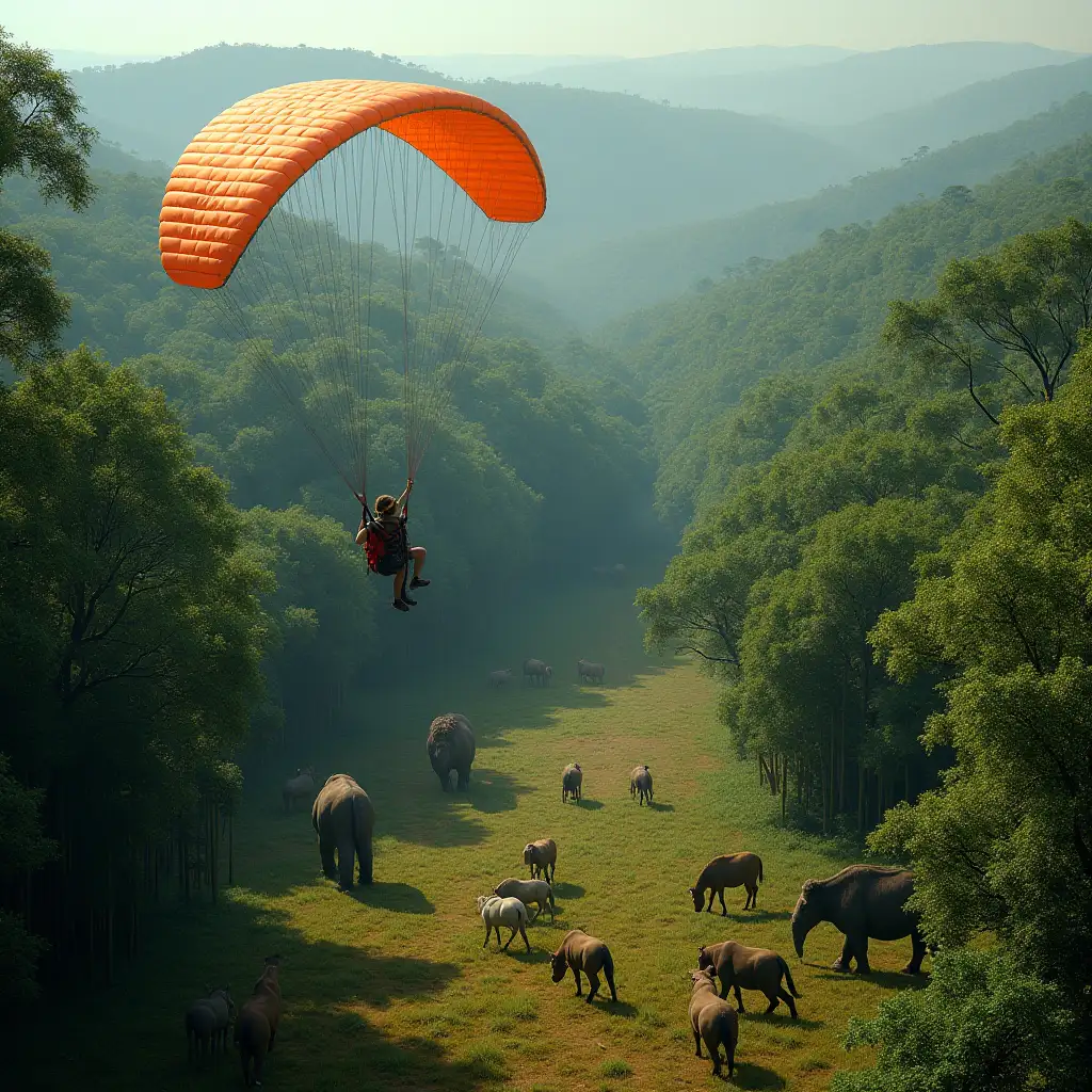 A group of people paragliding high above a prehistoric Neogene landscape, surrounded by a mix of lush bamboo forests, dense coniferous trees, and sprawling deciduous woodlands. Below, large Neogene mammals roam the terrain, including a Paraceratherium, a herd of mastodons, and grazing early horses like Hipparion. The textures of the forests are clearly visible, with tall conifers rising above the bamboo groves and broad-leaved deciduous trees spread out in the distance. The paragliders, with brightly colored parachutes, float gracefully, casting shadows on the forests and animals below, fully immersed in the rich diversity of this ancient world.