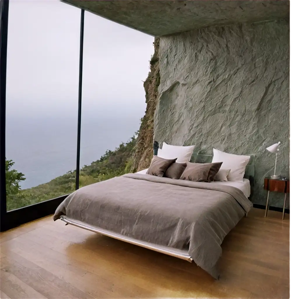 a glass bedroom, on a cliff