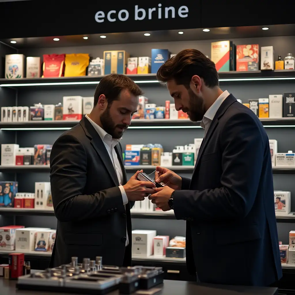 Electronic cigarette shop, at the forefront a seller in unique merchandise clothing brand, to the left of him stands a rack with premium electronic cigarettes, to the right of the seller a stately man who is studying the product