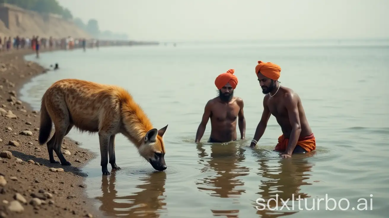 Hyena-Drinking-Water-on-the-Banks-of-the-Ganges-with-Hindus-Bathing-in-the-River