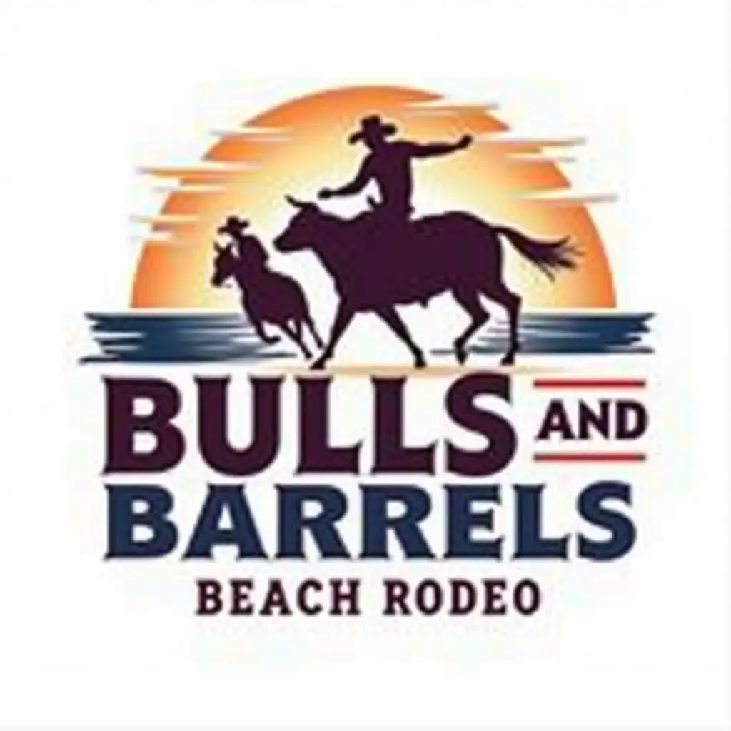 Create a bold and dynamic event logo for the 'BULLS and Barrels Beach Rodeo', an event held at a beach in Virginia, USA. The logo should capture the thrill of rodeo sports while integrating a beach theme. The design must fit a 4ft x 16ft banner while being scalable for smaller event signage. The central illustration should feature a bull in mid-buck and a barrel racing horse in motion, symbolizing the energy of the event. To tie in the beach theme, incorporate subtle wave patterns, sand textures, or a sunset silhouette in the background. The typography should be bold, Western-style, and slightly distressed to reflect the rodeo culture. Use the specified color palette: #969dc9 (soft lavender-blue) #d48447 (warm rustic orange-brown) #b67bba (muted purple-lavender) #db6e55 (vibrant reddish-orange) The background should remain white to enhance contrast and maintain a clean, professional look. The overall design should be impactful, easily recognizable from a distance, and visually engaging for attendees.