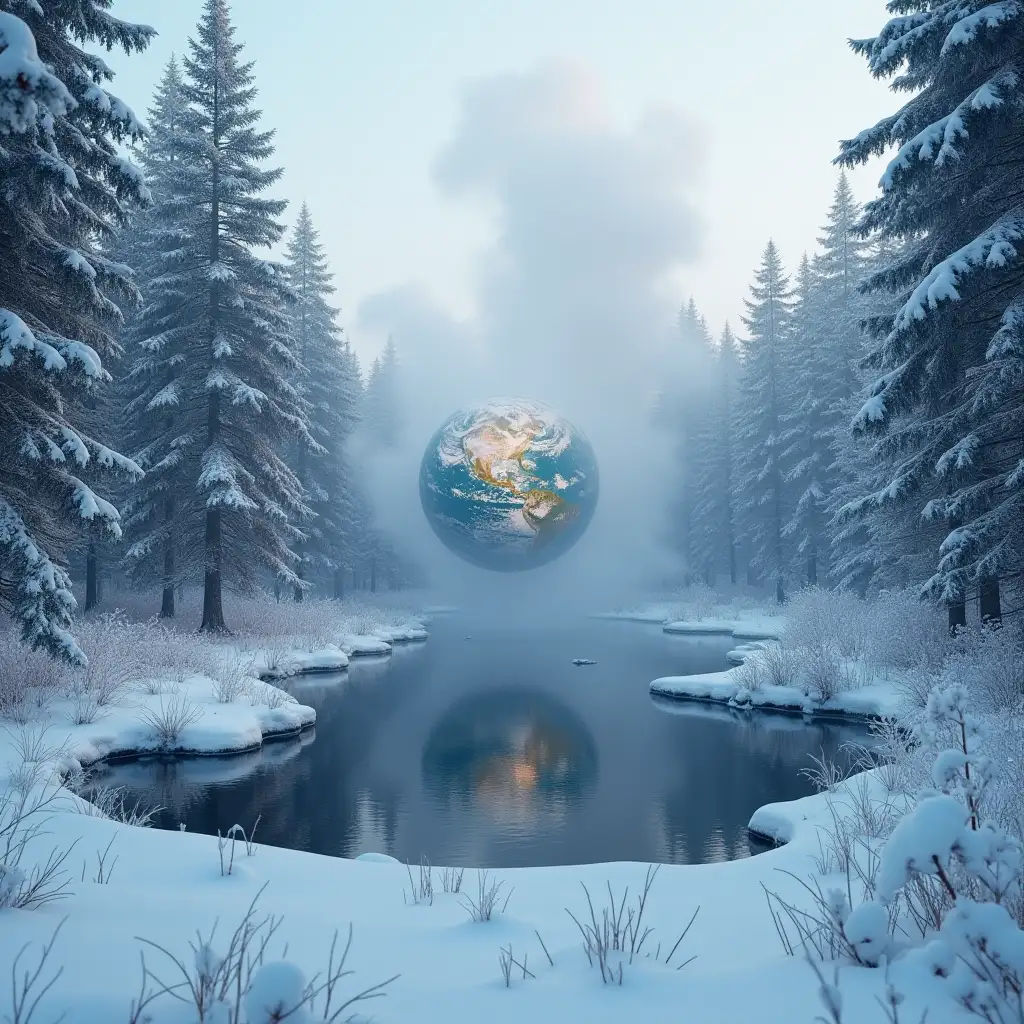 A winter landscape with lots of snow in the forest with a small lake, a ball of the earth floats above the lake, some smoke also rises above the lake, 8K, high color contrast, 12 bit color depth, realistic