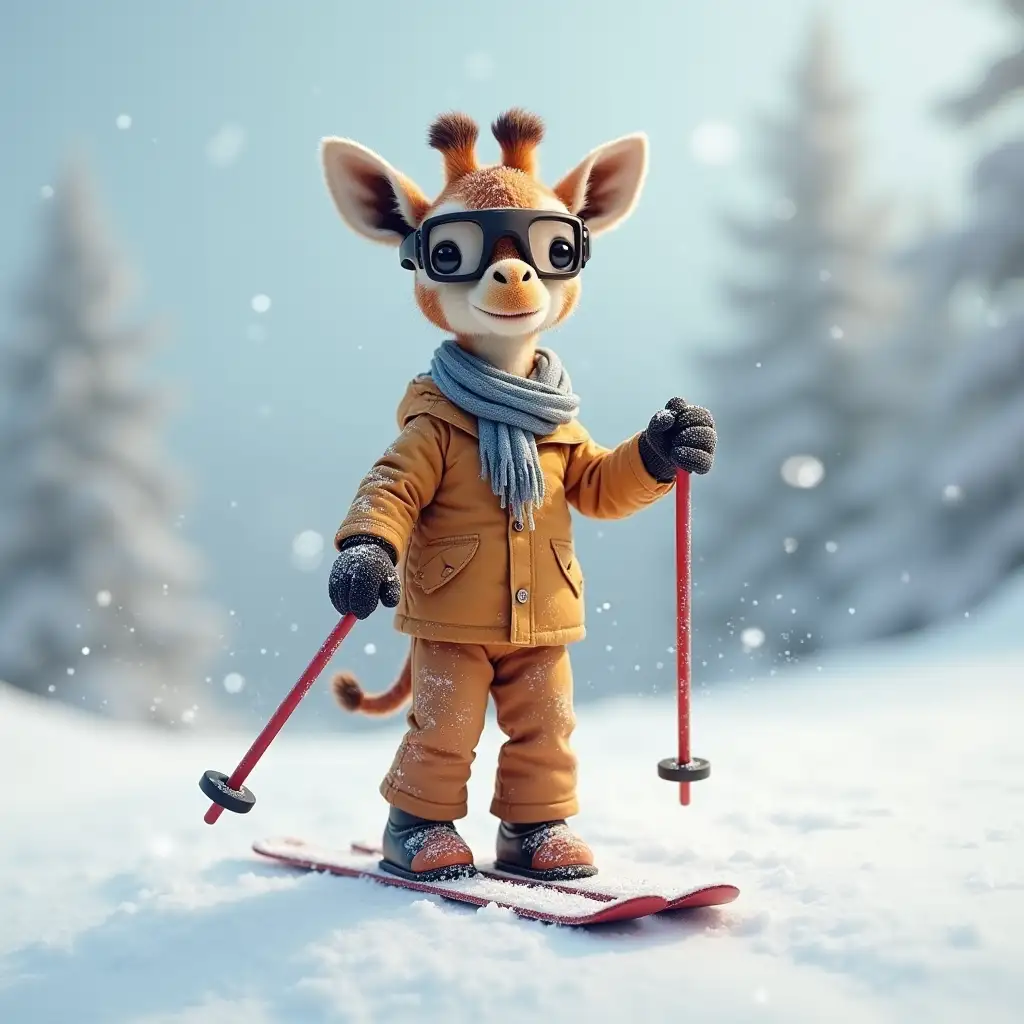 small baby Giraffe with glasses dressed as a skier in winter