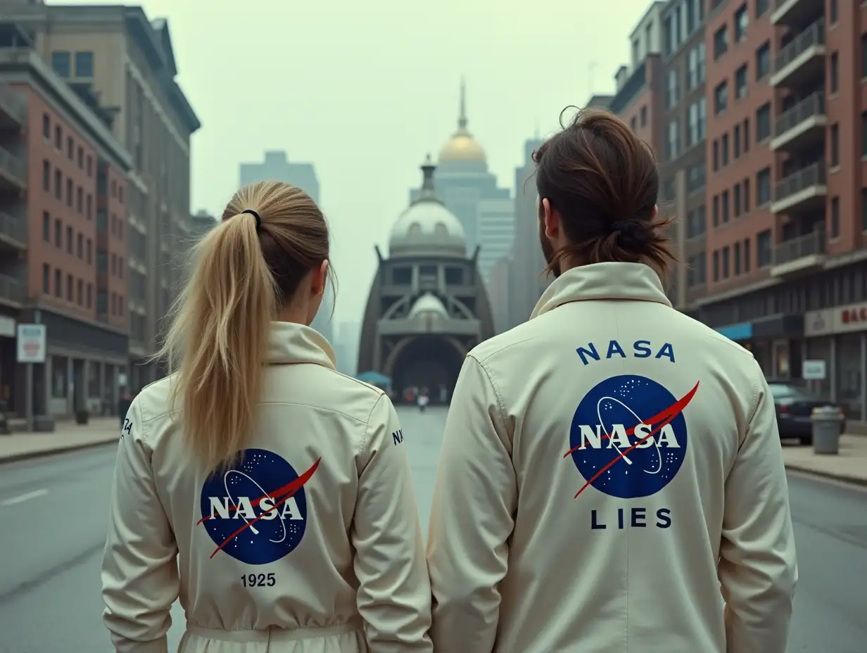 In a ruined city, a NASA lunar module gas land sitting on a city street. There is blast radius around it. A man and a woman, both in the same white space suits and the NASA logo with the text: 'NASA lies' on it, are standing by the lunar module. Neither have helmets on. She has blonde hair tied up in a ponytail, he has long unkept hair and stubble.