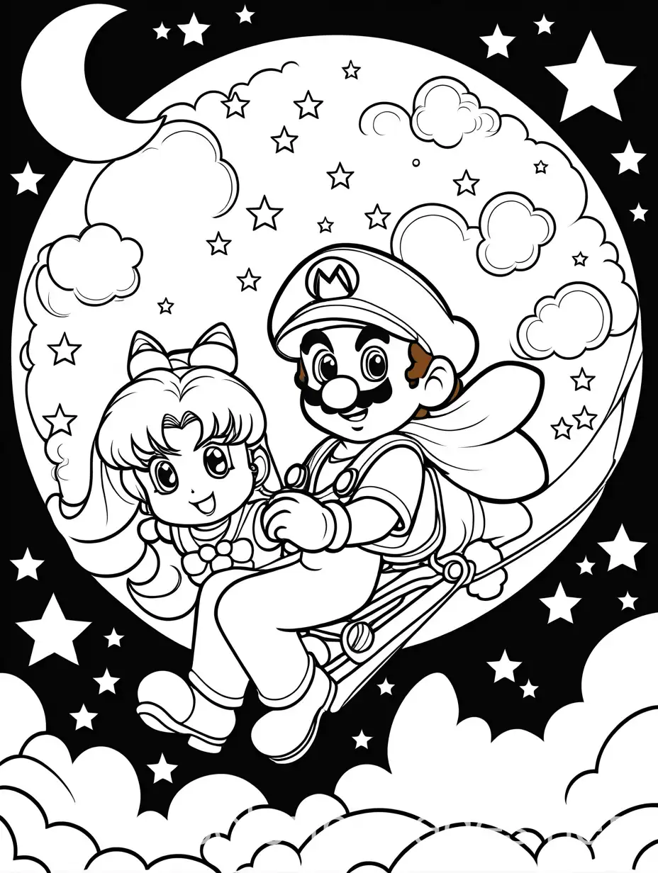 Mario-Riding-Sailor-Moon-During-a-Full-Moon-Night-Coloring-Page