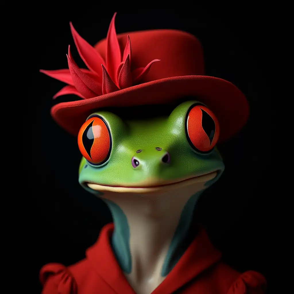 Hyperrealistic portrait of a frog woman with red hat with the elaborately detailed, colorful with black background