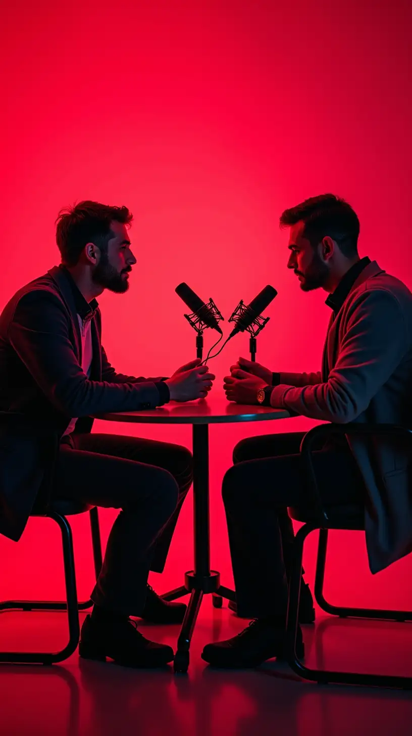 Podcast Discussion in Neon Red Room Animated Caricature of Men Arguing