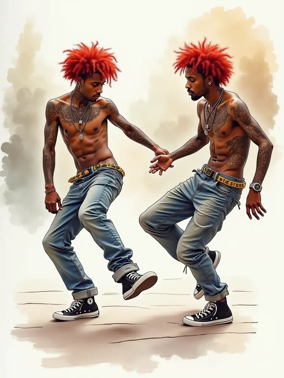 photorealistic detailed drawing combined with water colors of  two skinny African Hip Hop Boys with red curly hair and  tattoos, dancing breakdance on the street