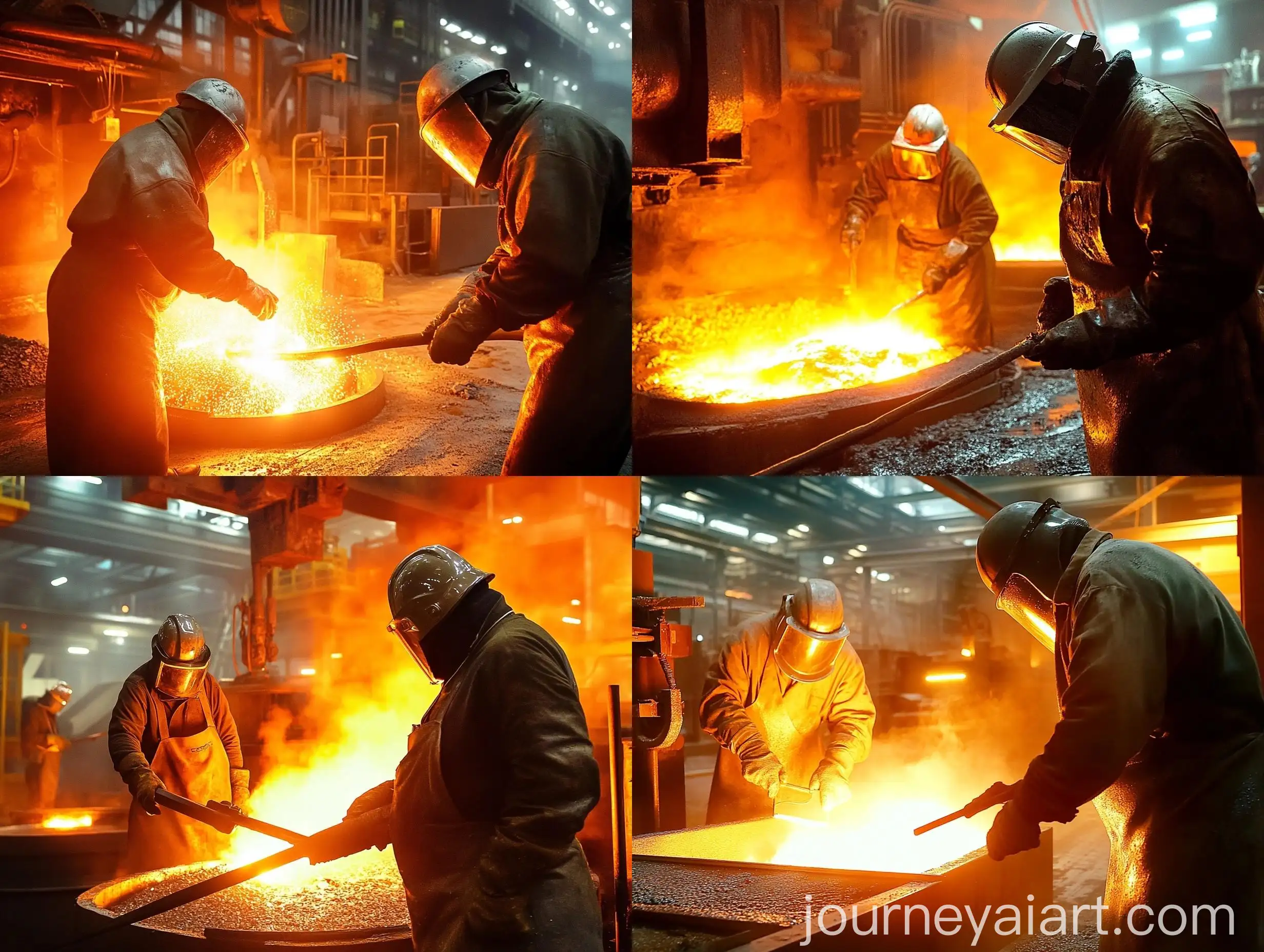 Foundry-Workers-Operating-Near-Glowing-Furnace-in-Heavy-Protective-Gear