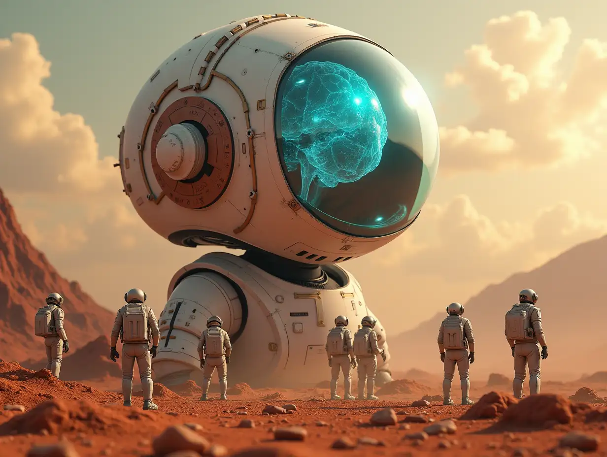 Create a high-resolution, realistic image of the artificial intelligence Robert, 10 meters tall, with gears on his cheeks and a glass head with a glowing sapphire brain, screws with many people with helmets and breathing masks on the ground, on Mars 4k resolution with   