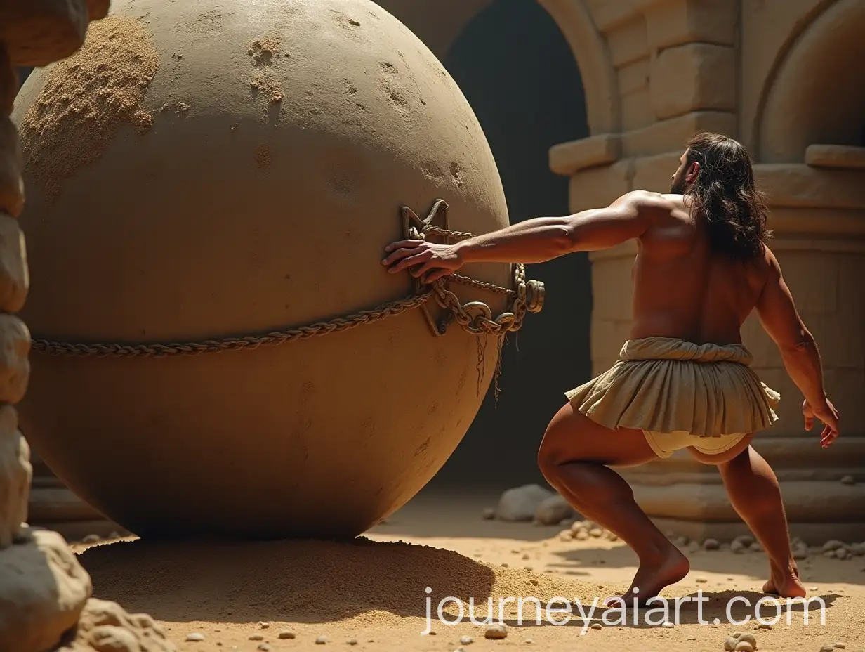 Samson-Pushing-Lever-of-Grain-Mill-in-Biblical-Scene