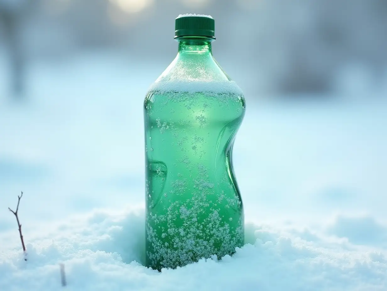 A large sparkling water bottle with a curve, placed upright in the whiter than white snow, inside the liquid is a deep greenish glow, filled with tiny white air bubbles.