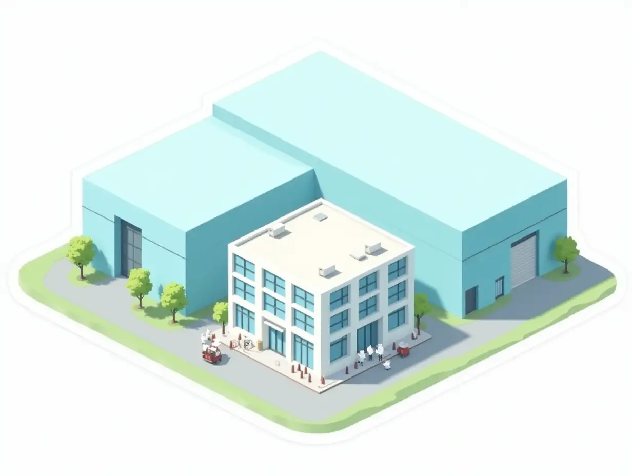 very long and tall rectangular industrial warehouses with blank walls of light blue with a green tint are arranged in a row on one line, in front of them in the center is one square white office building with many windows on the facade, in front of the building is a parking lot, trees and small white cats dressed as office staff, Sticker design - top view, high resolution, vector graphics, white background, anime-style coloring