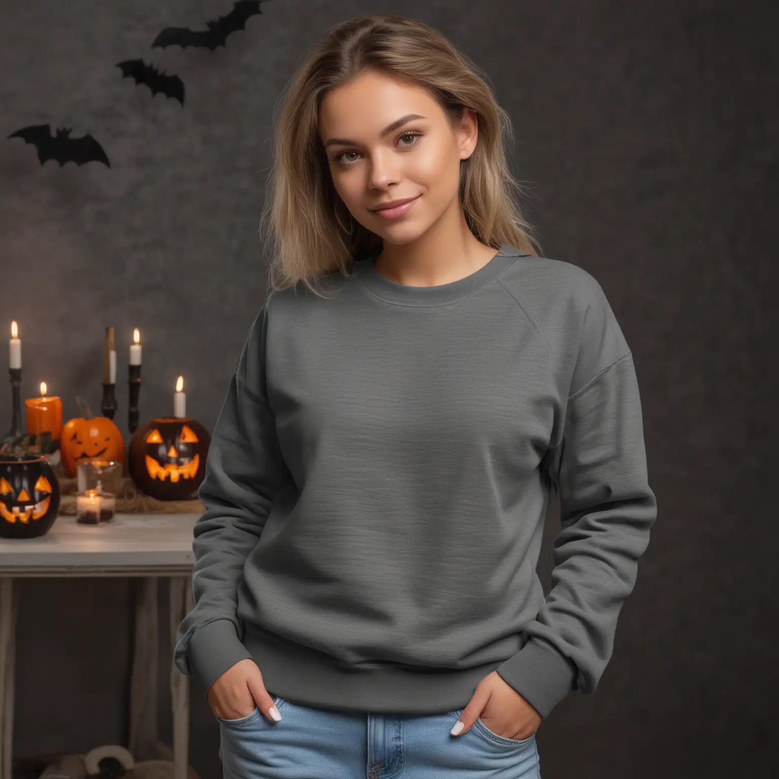 Relaxed Female Model in Dark Grey Gildan 18000 Sweatshirt at Halloween Party