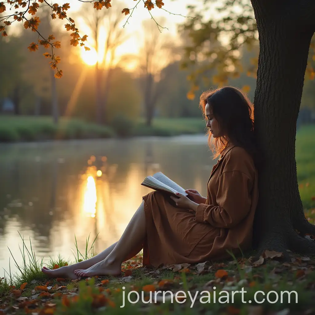 Curvy-25YearOld-Woman-Reading-by-Calm-River-Near-a-House