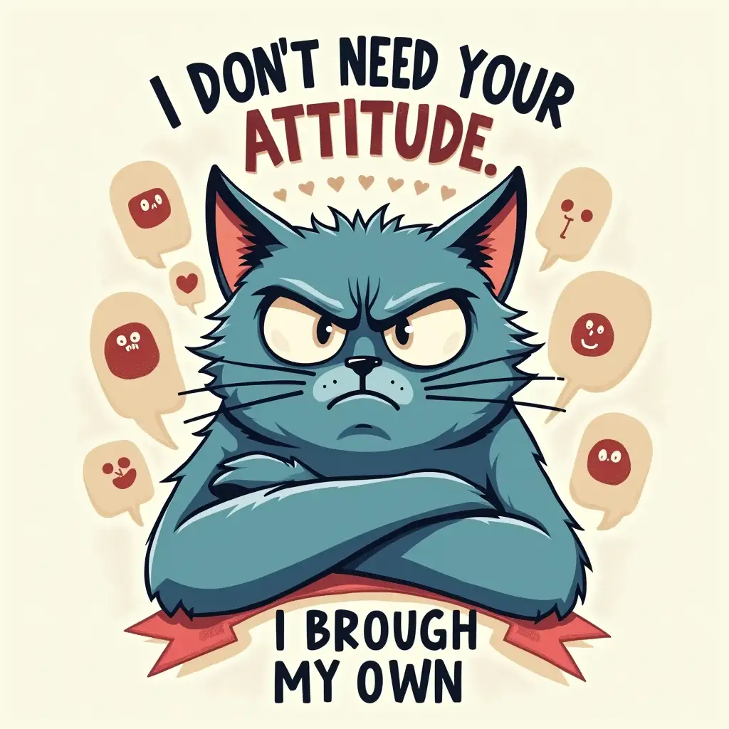 Vector. Create a humorous graphic featuring a grumpy cat with exaggerated, angry eyes and crossed arms. The cat should have a blue fur color and a grumpy expression. The text 'I DON'T NEED YOUR ATTITUDE. I BROUGHT MY OWN' should be prominently displayed in bold, contrasting fonts, with a playful, handwritten style. The background should be a light, neutral color with a subtle texture, like linen. Consider adding other humorous elements, such as speech bubbles or other animals, to enhance the visual appeal. The overall style should be playful and lighthearted, with a touch of irony.