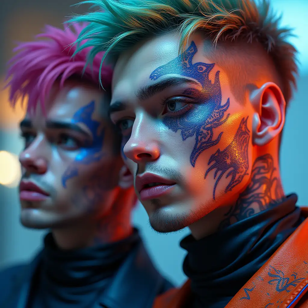 Futuristic-Men-with-Colorful-Hair-and-Face-Tattoos-in-High-Resolution