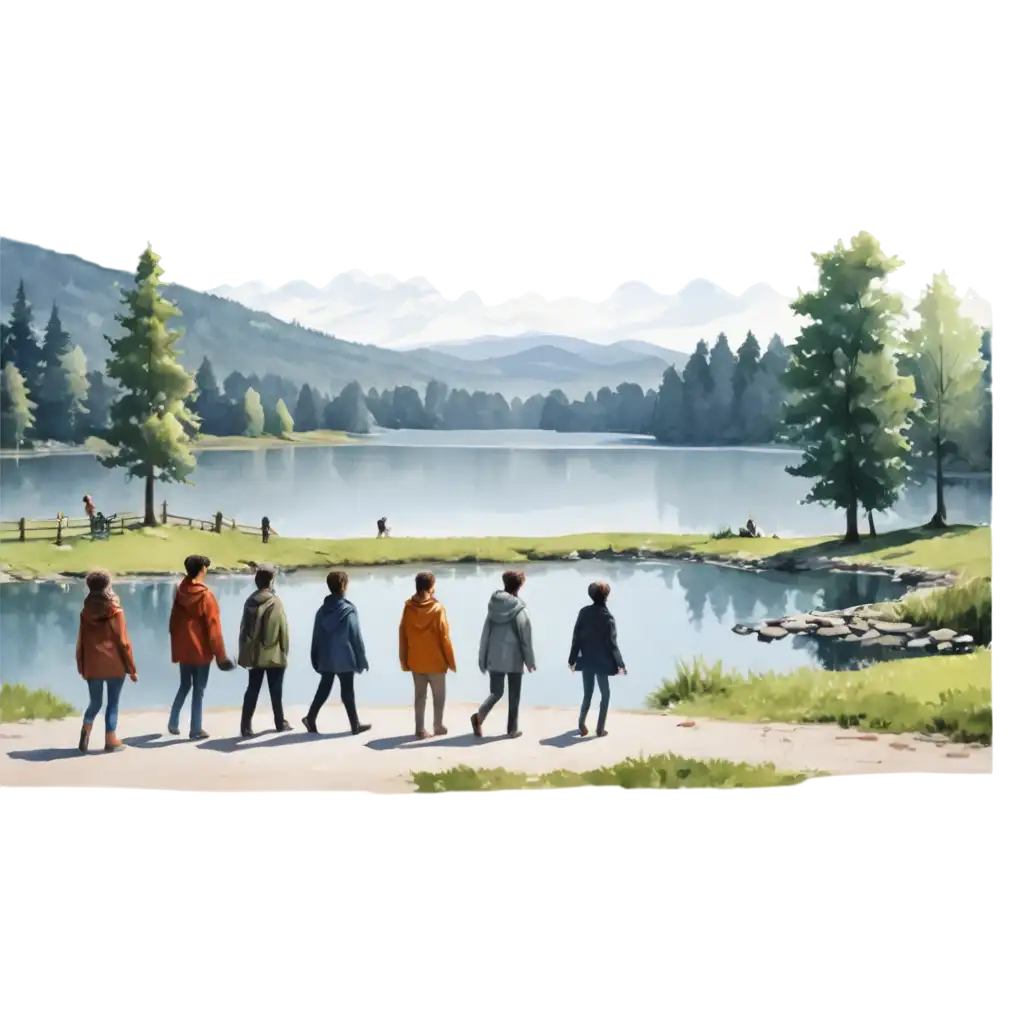 Stunning-PNG-Animation-of-Many-People-Walking-Near-a-Lake