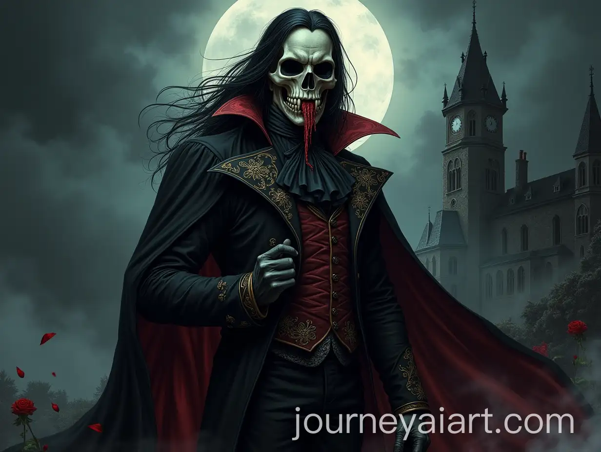 Gothic-Vampire-Lord-in-Victorian-Coat-with-BloodRed-Rose-at-Eerie-Castle