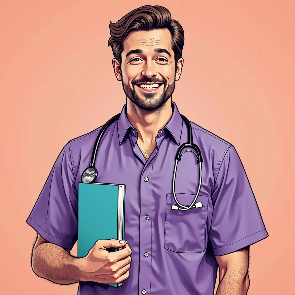 kind Dentist in purple shirt in pop art style with notebook in hand