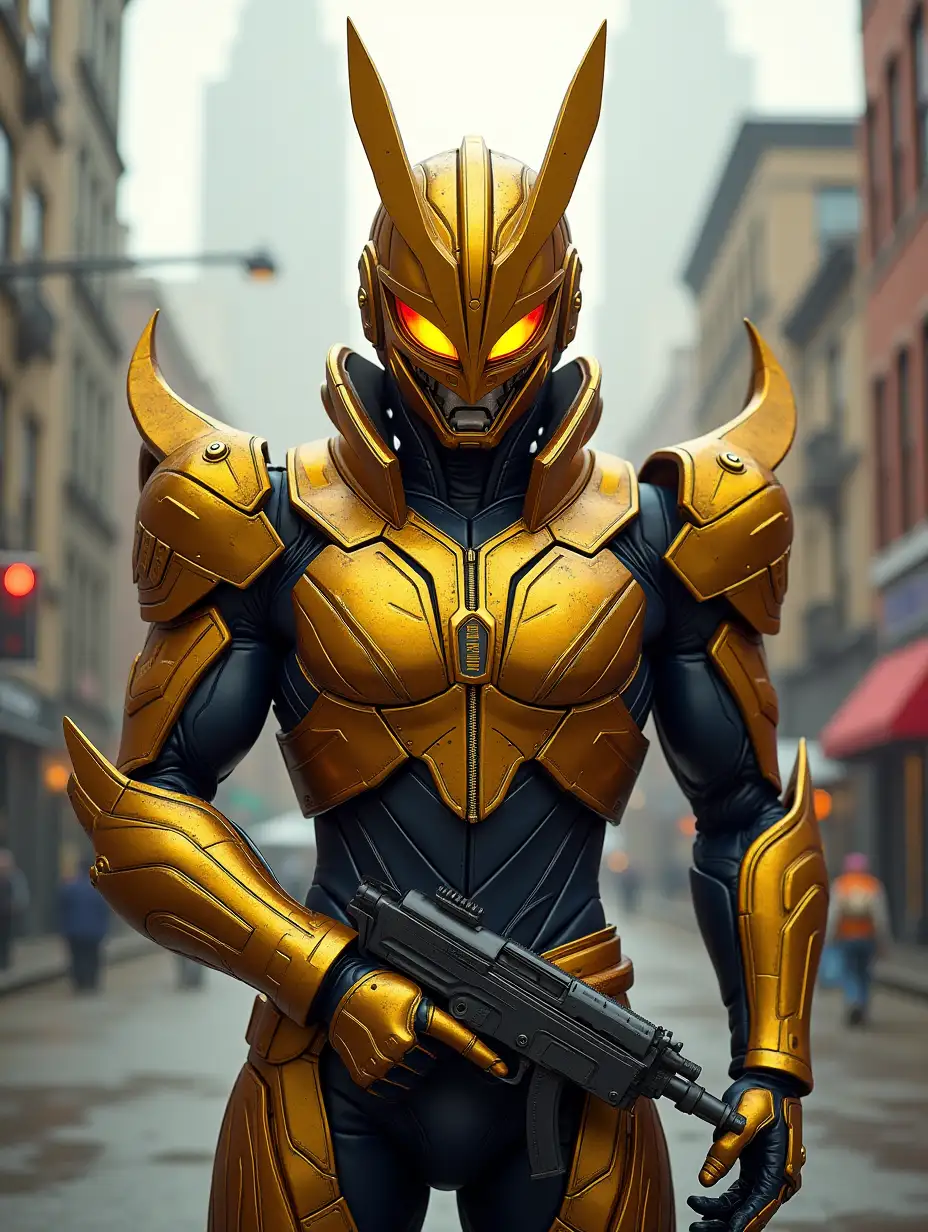 Kamenrider gold, realistic, full body, city, holding guns