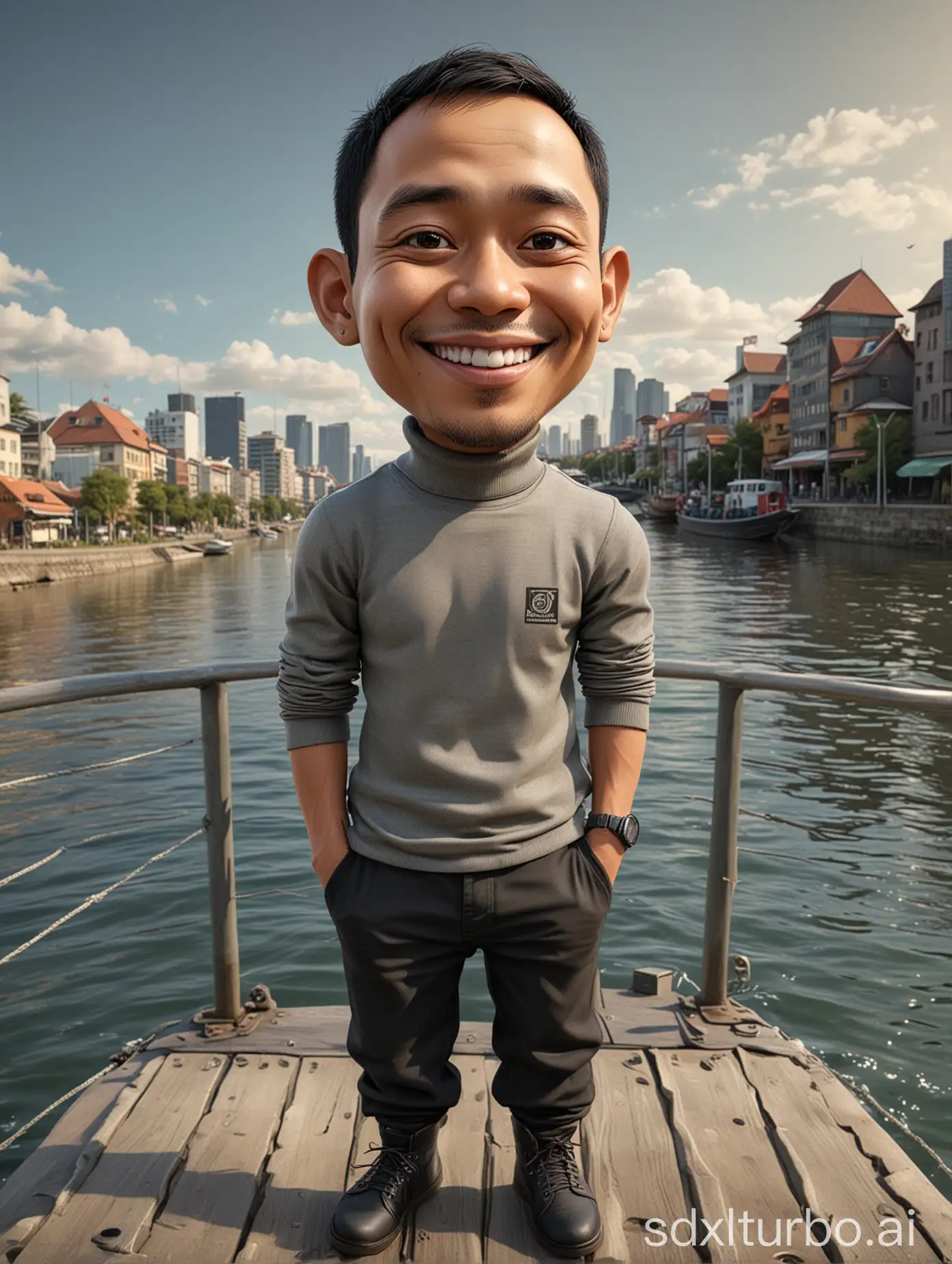 3D caricature of a 34 year old, indonesian man, big head with short hair, wearing turtle neck shirt combined long black pant, big smile, sit on scopy, full body, in the crossing ship, river and brigde in the background
