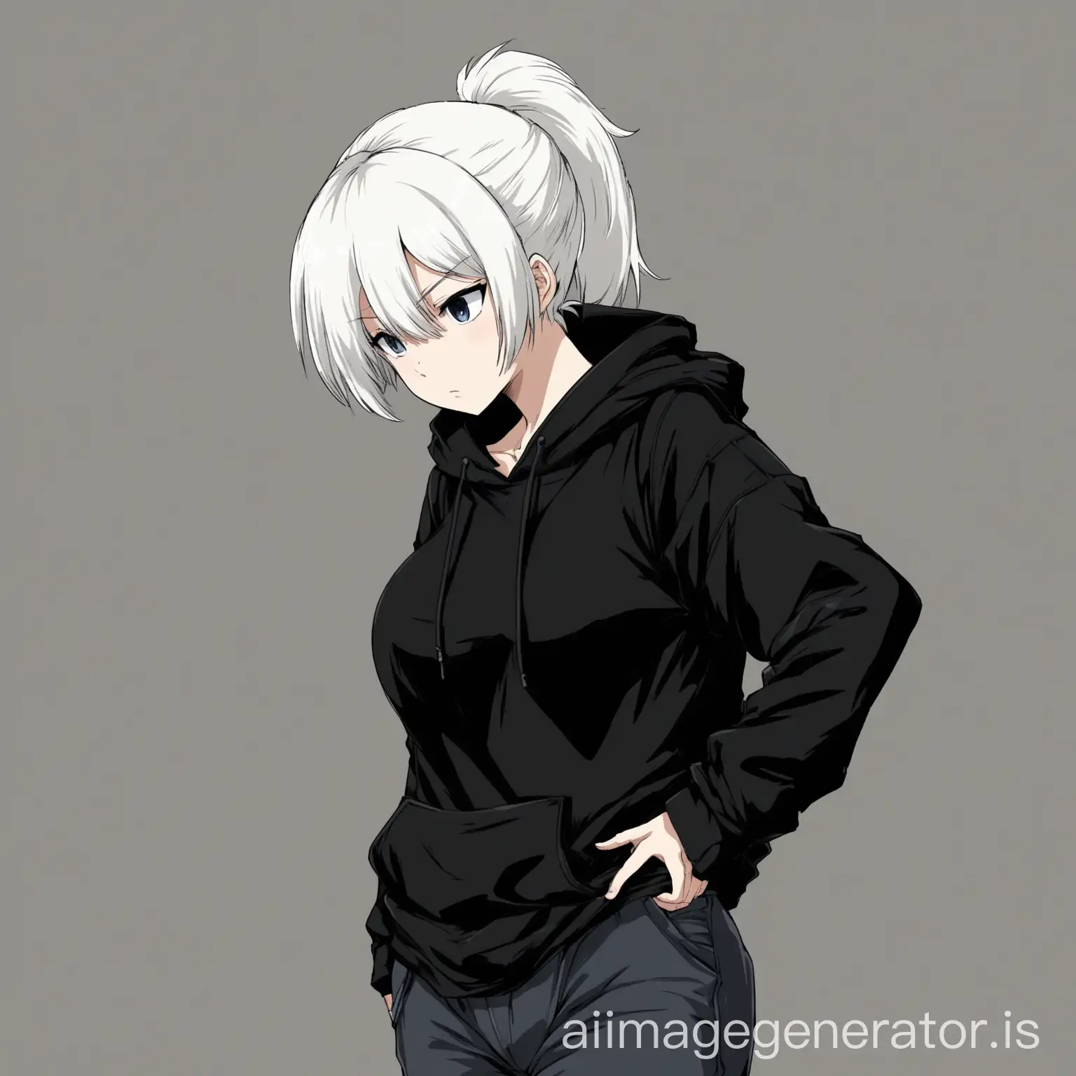 anime 2d art style, girl, short white hair, ponytail, black tomboy clothes, black hoodie, pants, trying to hide large breasts
