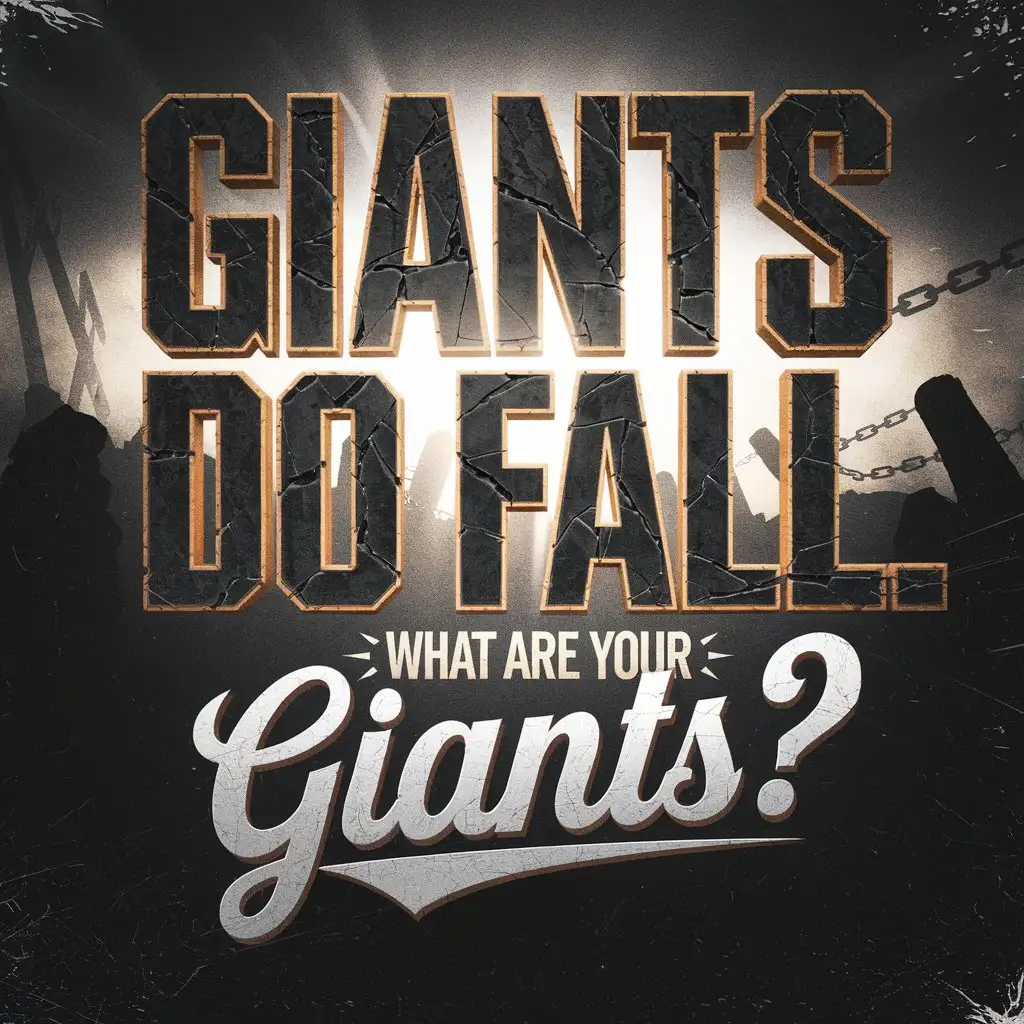 Typography for 'Giants do fall. What are your Giants?', bold and powerful serif fonts combined with distressed grunge textures, the words 'Giants do fall' towering large in cracked stone-like lettering, 'What are your Giants?' placed underneath in smaller clean script, background shows faint silhouettes of fallen giants and broken chains, color scheme of deep charcoal gray and warm golden highlights symbolizing victory and breakthrough, atmosphere is inspiring and triumphant, style is a blend of epic movie poster typography and motivational design, --ar 4:5 --v 5