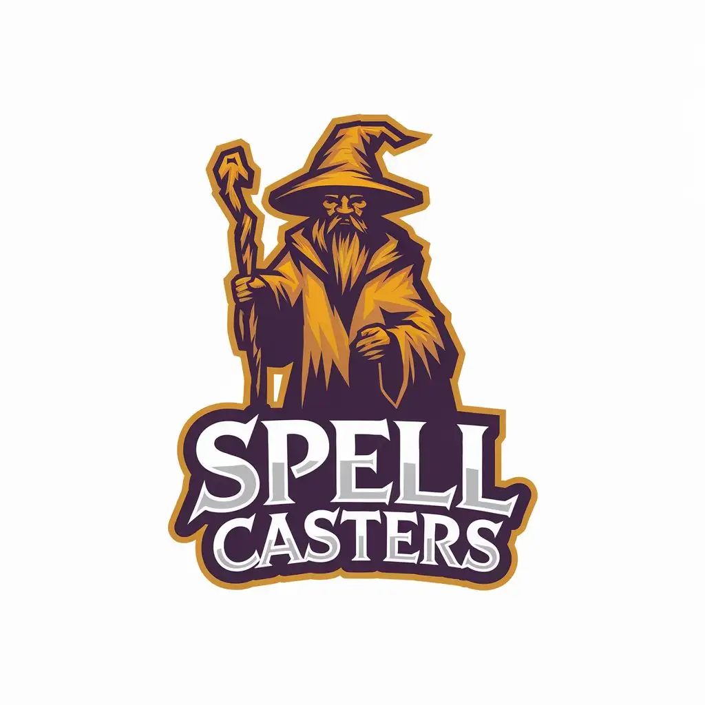 LOGO Design for SPELL CASTERS Fantasy Wizard Theme with Golden Yellow and 3D Printing Concept