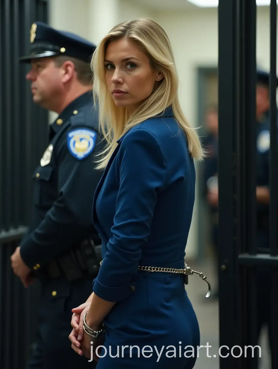 Blonde-Woman-in-Handcuffs-Walking-Into-Jail-in-Formal-Outfit