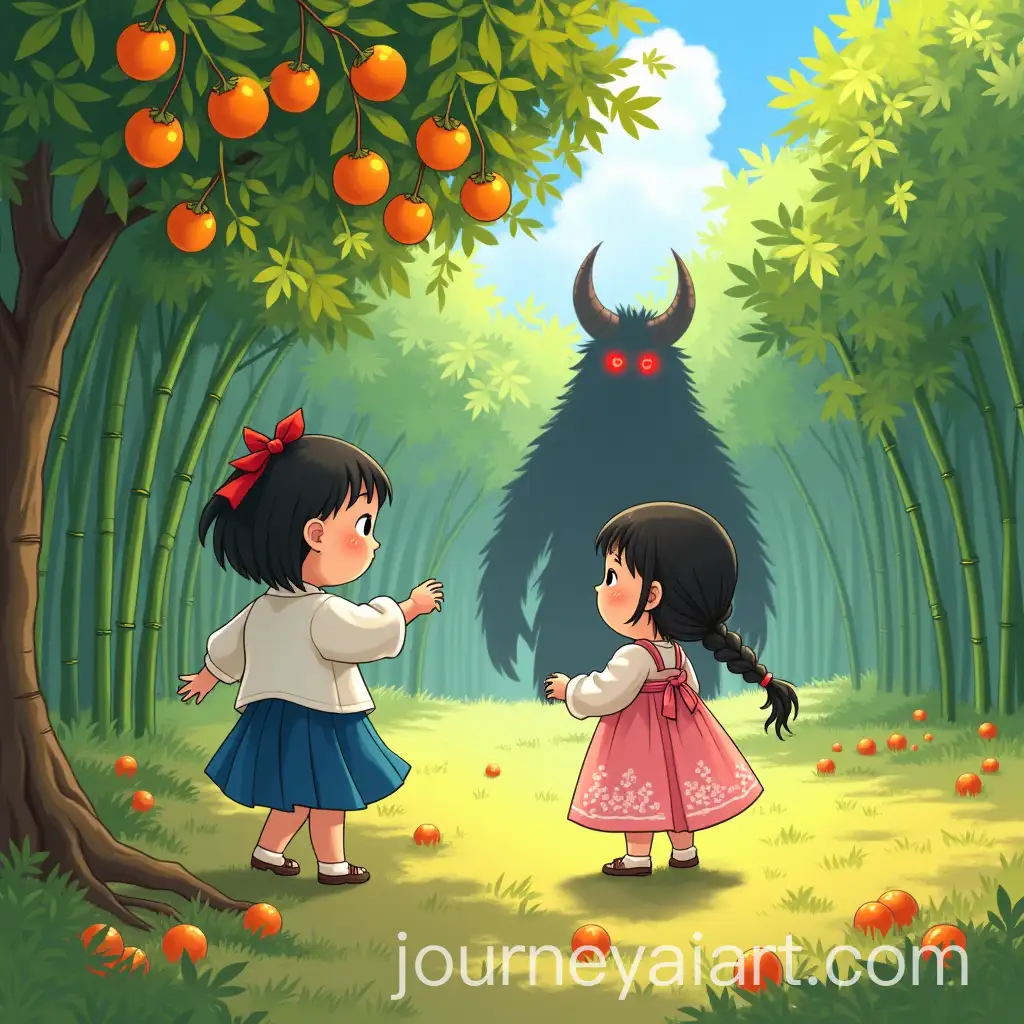 Two-Korean-Girls-Picking-Persimmons-in-a-Bamboo-Forest-with-a-Dokkaebi