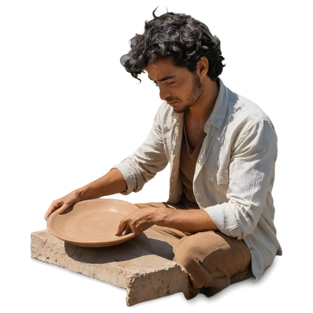 Tunisian-Young-Man-Holding-Empty-Clay-Plate-End-of-Day-Sunlight-PNG-Image