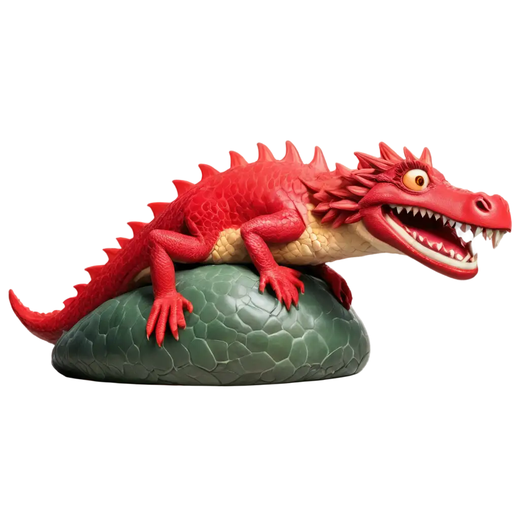 Create a red dragon, Pixar style, sad and sitting on a crocodile egg