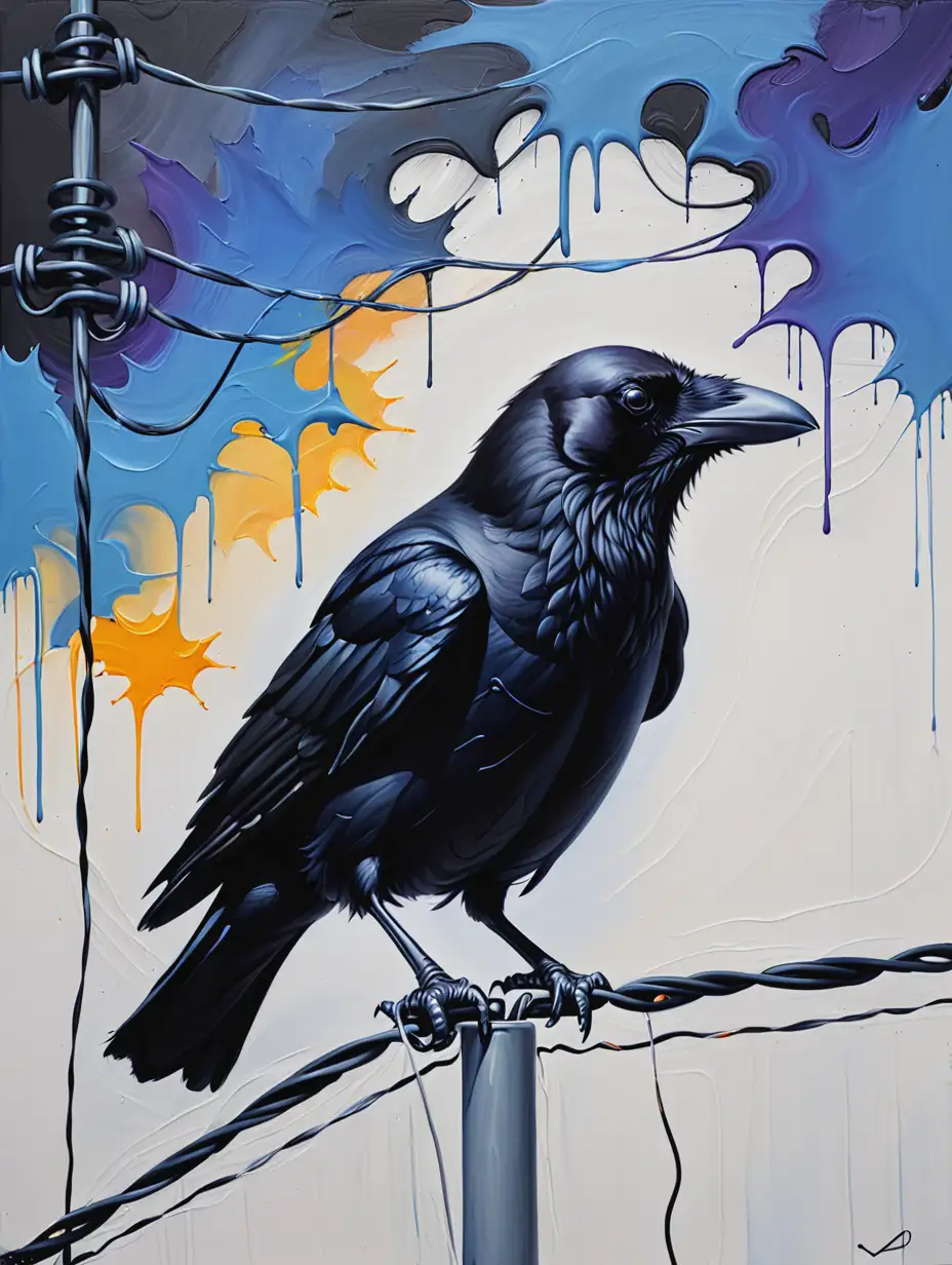 Crow perched on electric wire in abstract oil painting