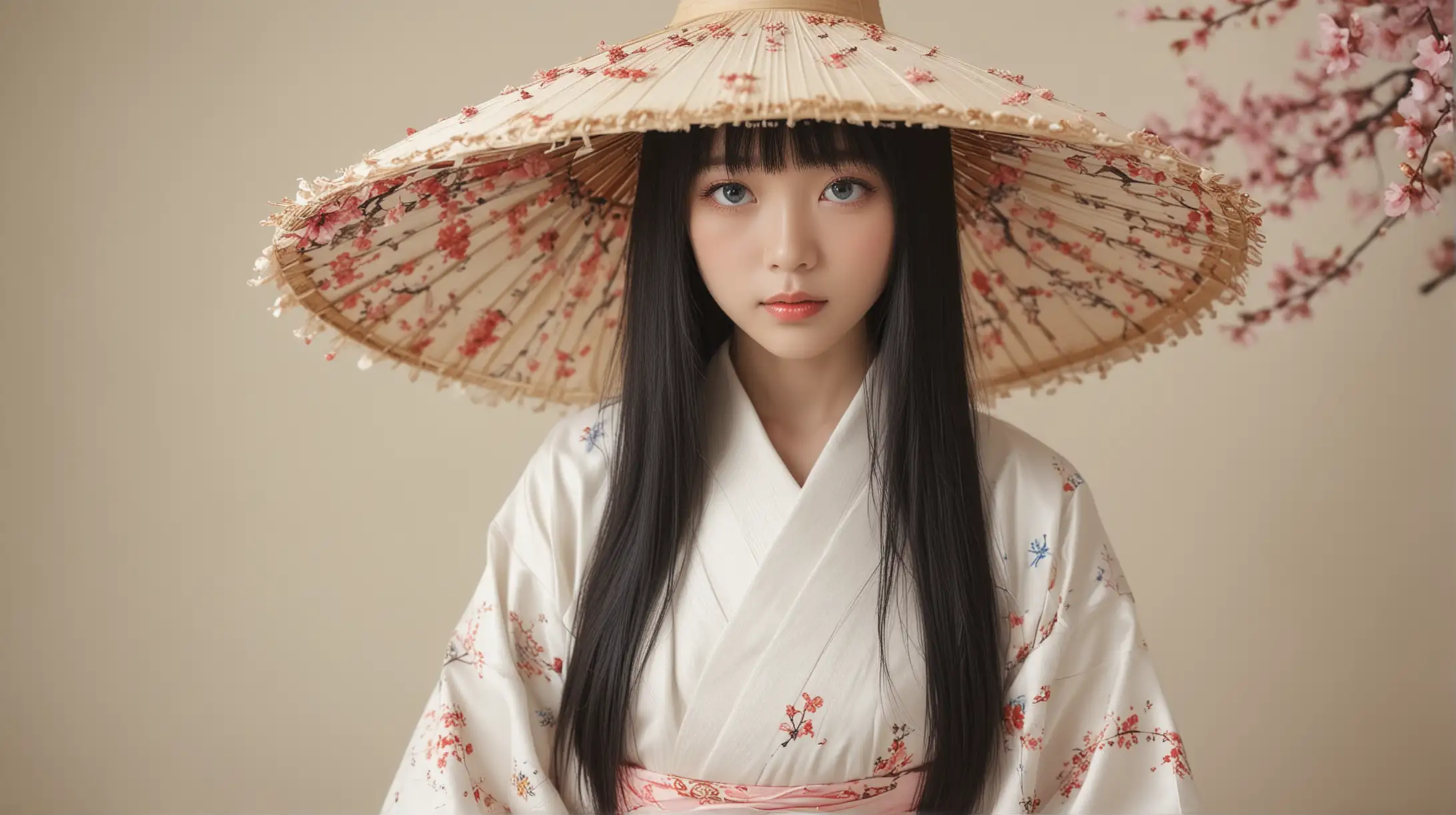 Japanese Girl in Mushroom Hat and Silk Kimono with Cherry Blossom Background