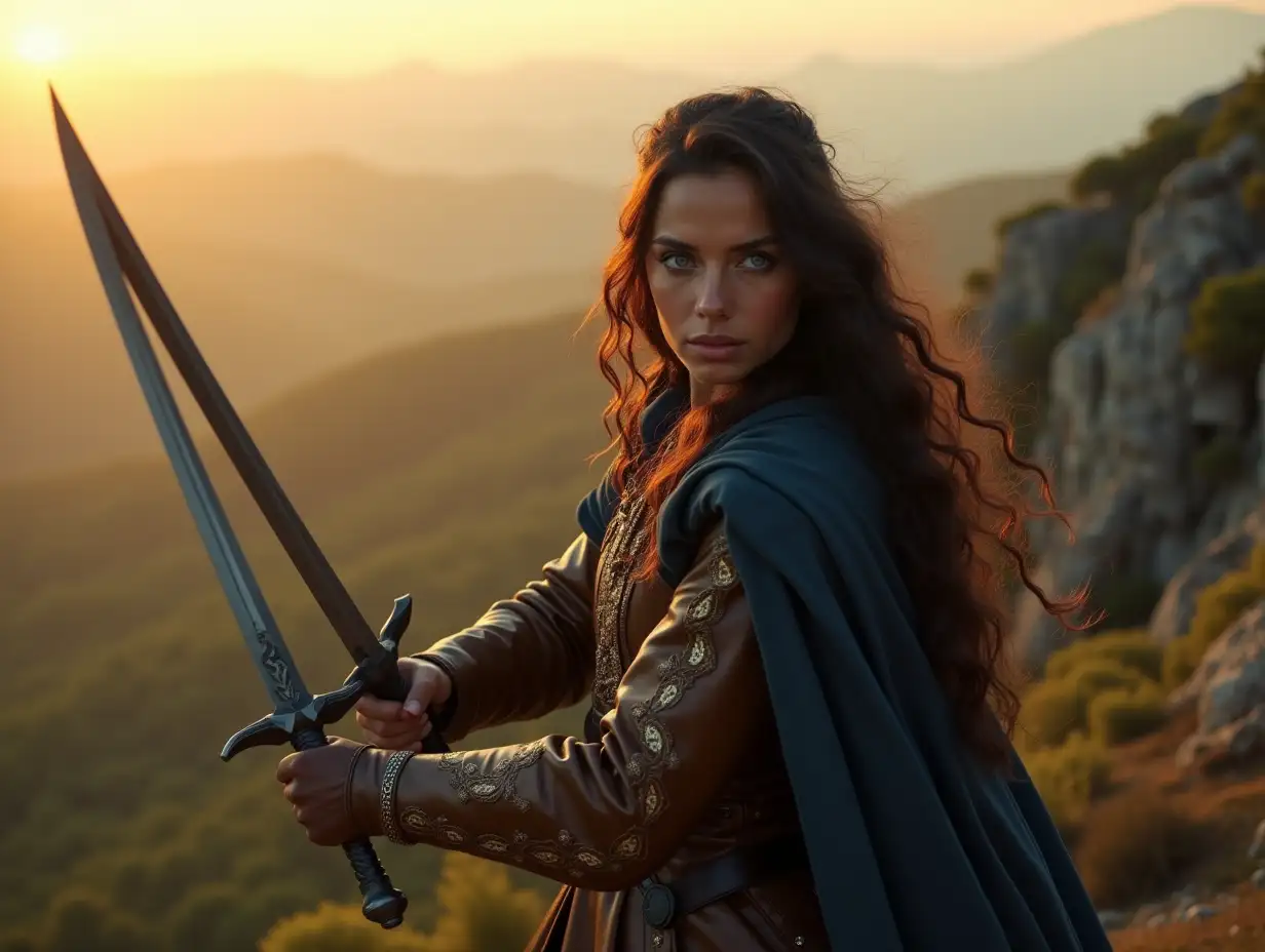 Cinematic shot of 15th-century film photography highly detailed scene in 16K resolution of Gina a 25-year-old Latin brave, Fearsly warrior, with very full long black wavy hair, deep blue eyes, light brown-skinned, wearing a 15th-century earth-tones leather brown and gold warrior outfit with a dark blue cape, standing on top off the high rocky forest mountain holding a powerful sleek, glossy sword. Cinematic shot: She trains fiercely with the double-edged sword, sweat glistening on her brow, motion shot of hair movements with the wind and training sword with facial intensity expression, at golden sunrise, reflecting over her sweating skin.