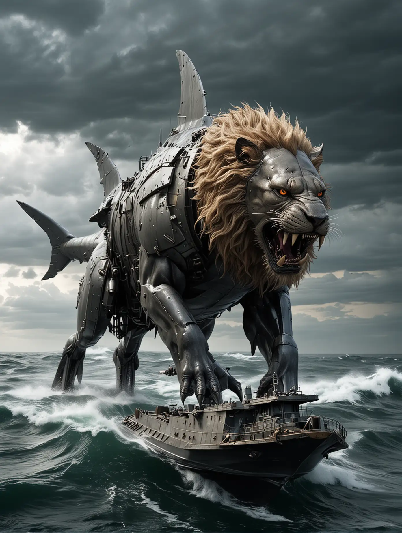 Hybrid-LionSharkBattleship-Creature-on-Stormy-Ocean-Deck