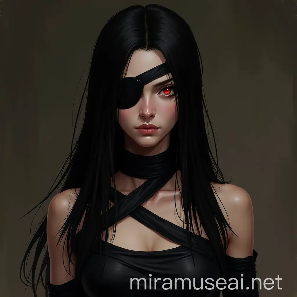 Medieval Dark Fantasy Woman with Red Iris and Black Patched Eye