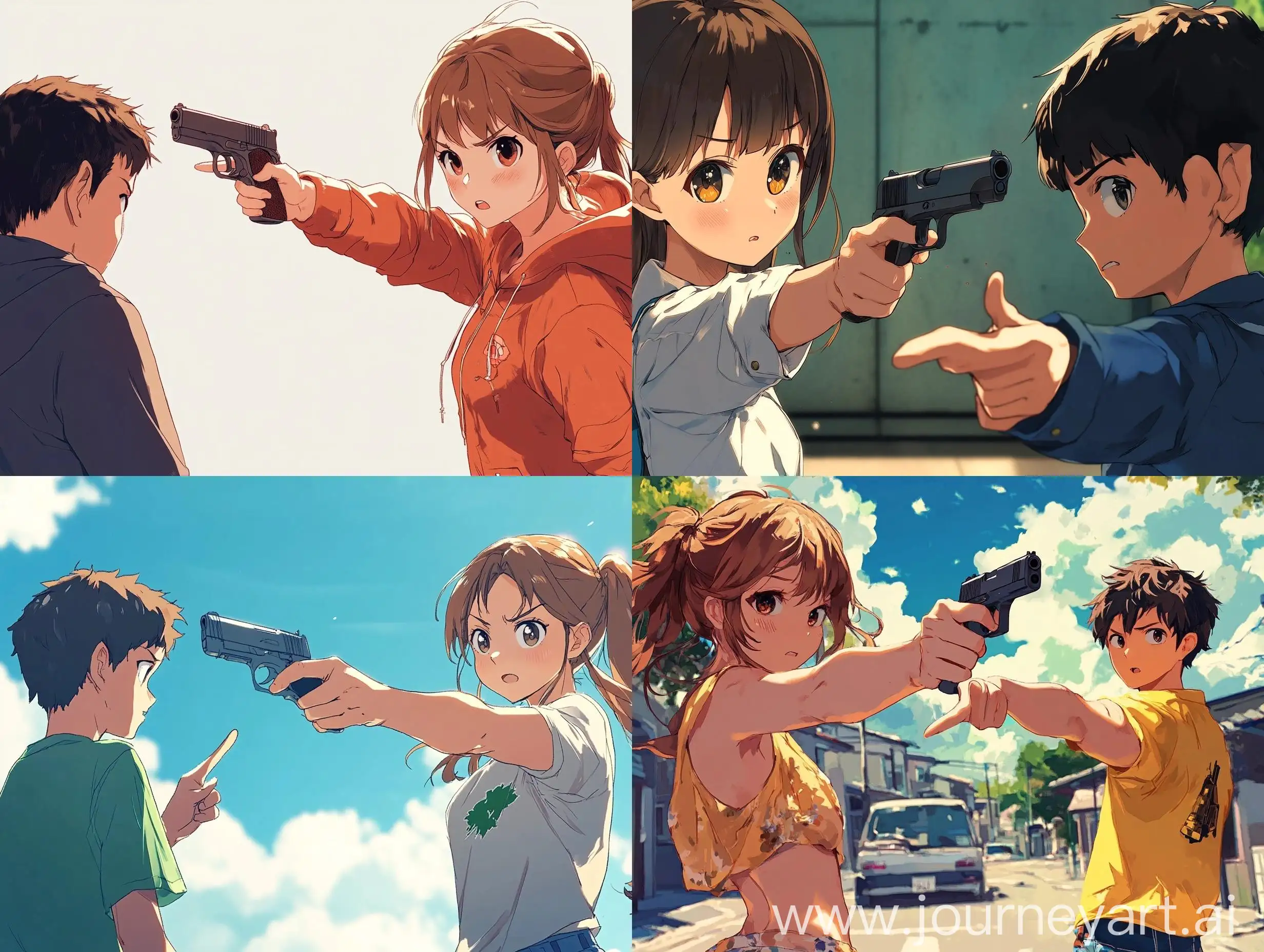 Anime-Style-Girl-and-Boy-Pointing-Guns-Finger-Gesture