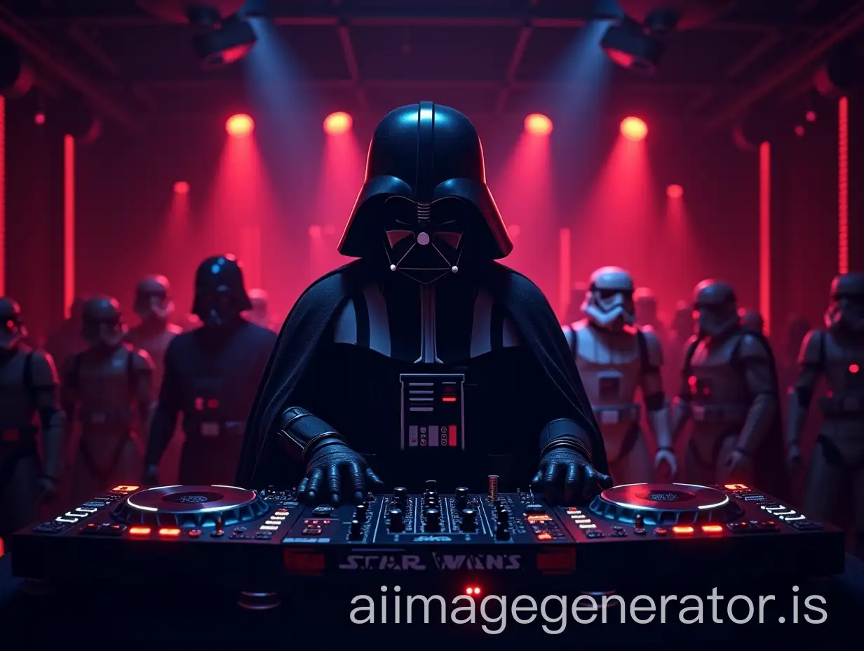 Drum-and-Bass-Music-Poster-in-Star-Wars-Style-with-DJ-Console-and-Star-Wars-Characters-in-Nightclub