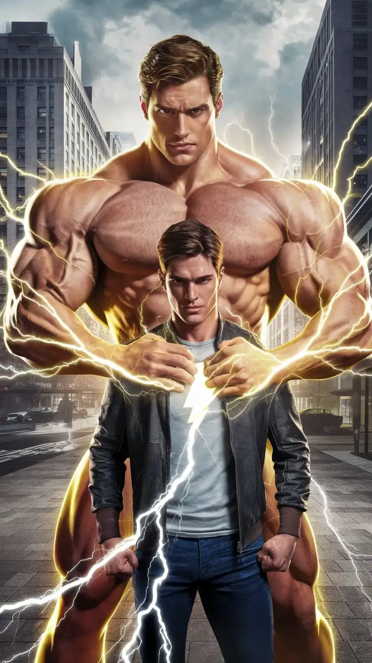 Supercharged brawn. Herculean powers. Golden electric glow. 32 years old. Superhero. Shooting lightning from his palms into the body of an ordinary 18-year-old, giving him superpowers. Photorealistic.