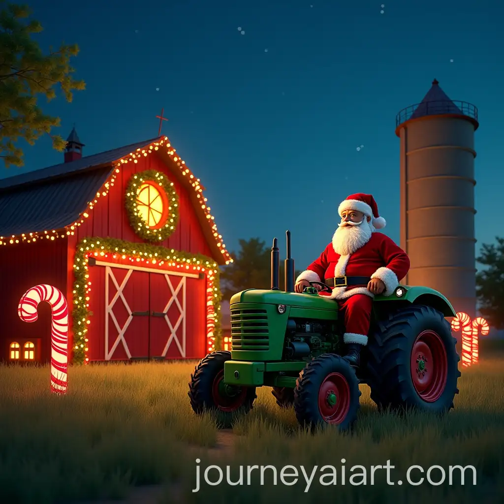 Santa-Claus-on-Green-Tractor-in-Christmas-Country-Scene-with-Red-Barn-and-Decorations