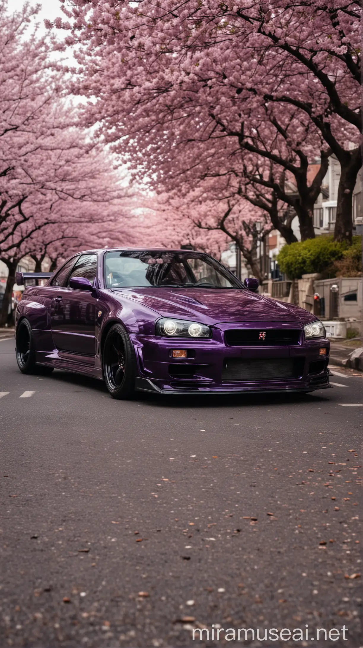 Dark Purple R34 GTR Driving Past Cherry BlossomLined Street